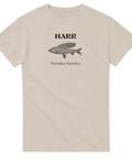 Beige t-shirt med klassiskt fiskmotiv och latinskt artnamn