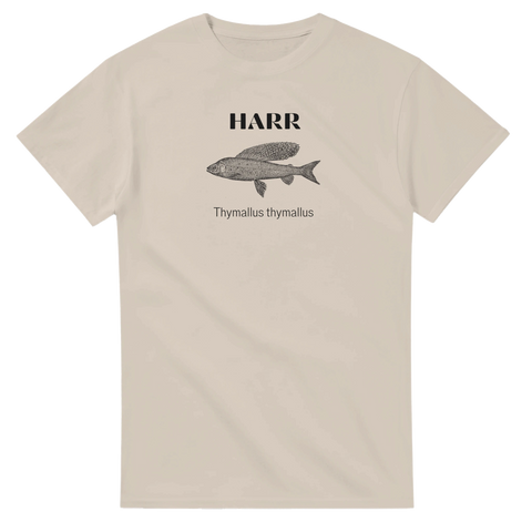 Beige t-shirt med klassiskt fiskmotiv och latinskt artnamn