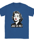 Popkonst-kvinna med rött läppstift och texten "JAG SA NEJ" på en kungsblå t-shirt.