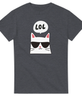 Vitt tecknat kattansikte med solglasögon och "LOL" i pratbubbla på grå t-shirt.