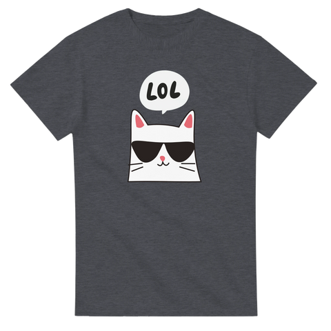 Vitt tecknat kattansikte med solglasögon och "LOL" i pratbubbla på grå t-shirt.