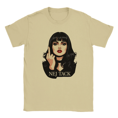 Provokativ t-shirt med kaxig kvinnoillustration och texten Nej tack