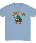 Ljusblå t-shirt med en kaffeserverande julgran och texten ”Barrista”.