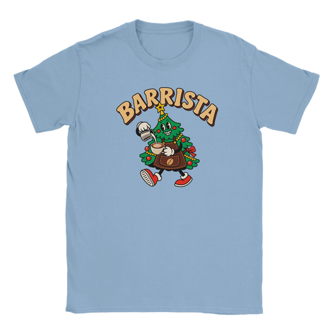 Ljusblå t-shirt med en kaffeserverande julgran och texten ”Barrista”.