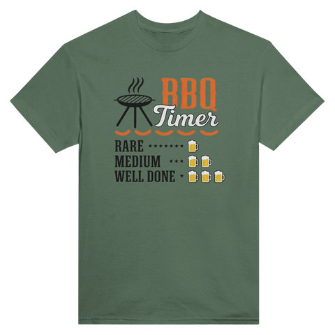 Grön t-shirt med BBQ Timer motiv som mäter grilltid i ölglas