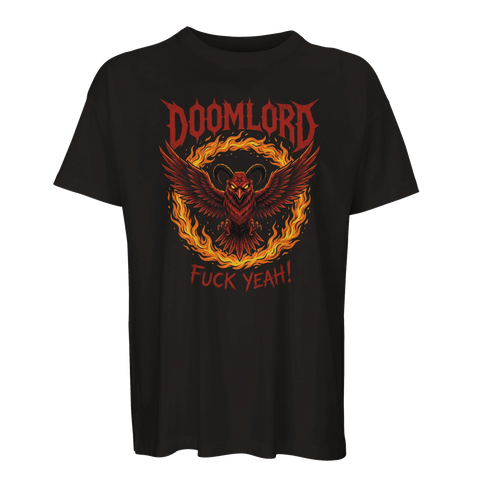 Mörk grafisk illustration av en eldig demonisk korp – metal t-shirt