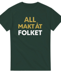 Mörkgrön t-shirt med svensk politisk text i guld och vit grafik
