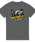Gråmelerad t-shirt med nostalgiskt citat och grafisk illustration
