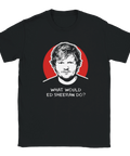 T-shirt med ironisk textdesign och minimalistisk illustration av känd artist