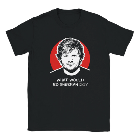 T-shirt med ironisk textdesign och minimalistisk illustration av känd artist