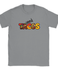 Grå t-shirt med humoristiskt grafiskt motiv av svensk taco