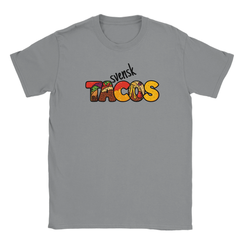 Grå t-shirt med humoristiskt grafiskt motiv av svensk taco