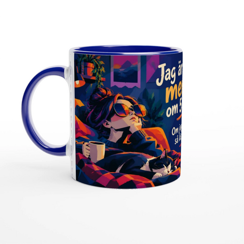 Mugg med texten Jag är tillbaka mentalt om 5 minuter och tropiskt motiv.