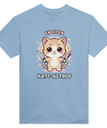 Ljusblå t-shirt med en tecknad katt som håller i blodiga knivar