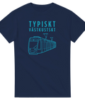Grafiskt motiv med spårvagn och texten Typiskt Västkustskt på marinblå t-shirt