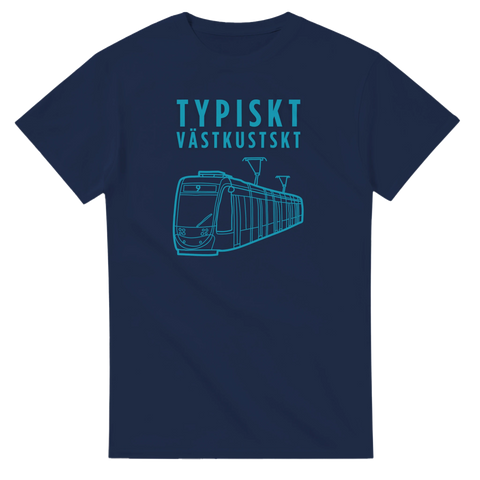 Grafiskt motiv med spårvagn och texten Typiskt Västkustskt på marinblå t-shirt