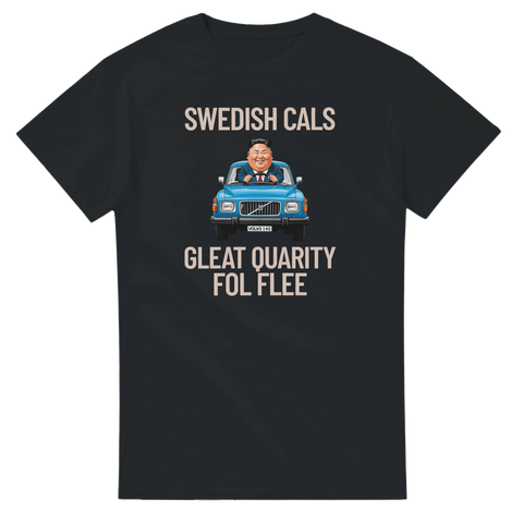 Satirisk illustration av Kim Jong Un i en blå Volvo 140 – grafisk t-shirt