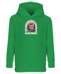 Grön barnhoodie med ett roligt kattmotiv och rymdtema i akvarell