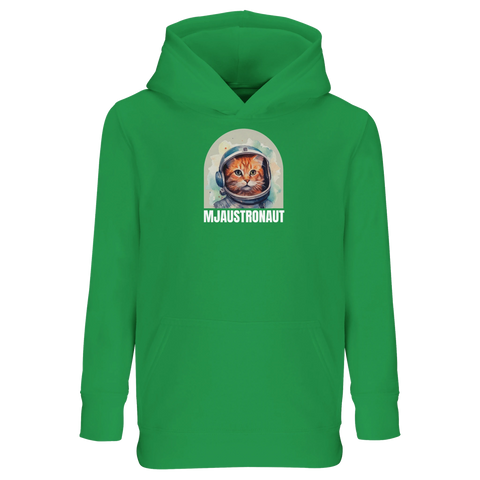 Grön barnhoodie med ett roligt kattmotiv och rymdtema i akvarell