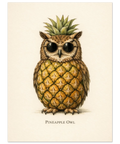 Illustration av en uggla med en kropp som en ananas, bärande runda svarta solglasögon på beige bakgrund.
