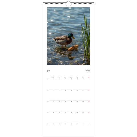 Gräsand i vatten med baguette, "Tykna Djur" Väggkalender 2026.