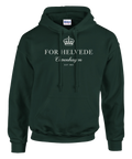 Vit krona och text ”For Helvede Copenhagen” på mörkgrön hoodie.