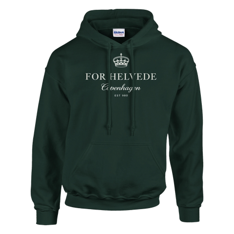 Vit krona och text ”For Helvede Copenhagen” på mörkgrön hoodie.