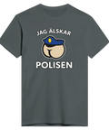 Jag älskar polisen" tryck med tecknad rumpa i polismössa på grå t-shirt.