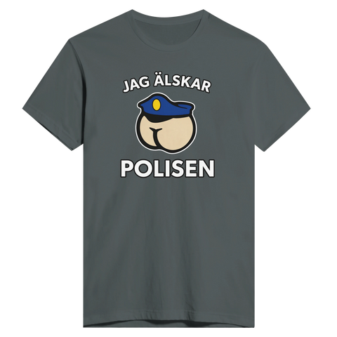 Jag älskar polisen" tryck med tecknad rumpa i polismössa på grå t-shirt.