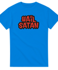 Djävuls-t-shirt med rött pentagram och Hail Satan text på blått tyg