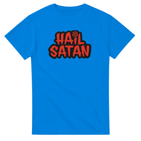 Djävuls-t-shirt med rött pentagram och Hail Satan text på blått tyg