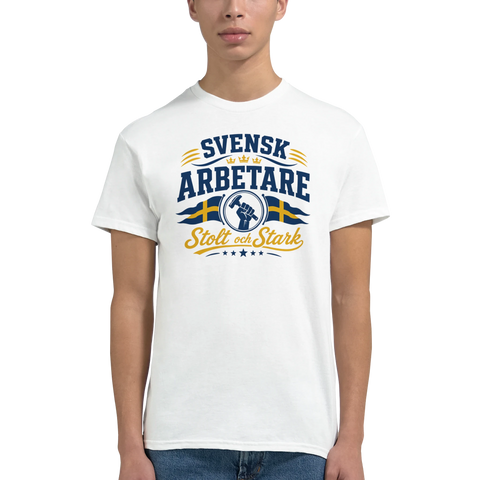 Klassisk design för industriarbetare med knuten näve och hammare på t-shirt