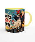 Mugg med texten Världens bästa syrra och tecknade hönor.