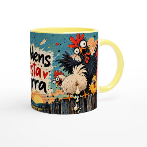 Mugg med texten Världens bästa syrra och tecknade hönor.