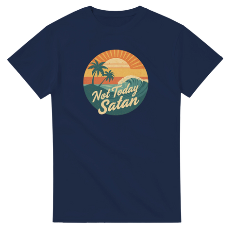 Not Today Satan" retro-tryck med palmer, solnedgång, våg på marinblå t-shirt.