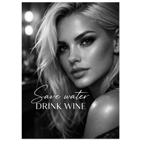 Fotografisk poster med en kvinna i glamourstil och citat om vin, perfekt väggdekoration för modern inredning.