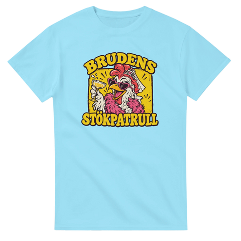 T-shirt till möhippa med texten Brudens stökpatrull och en höna med hjärtformade solglasögon, slöja och rosa boa