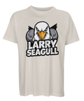Tecknad arg mås med texten "LARRY SEAGULL" på ljusbeige ekologisk oversized t-shirt.