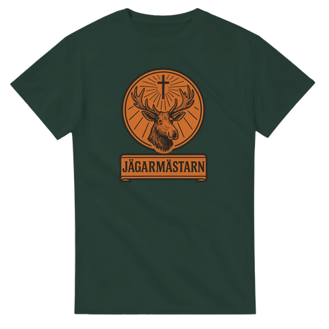 Skogsgrön t-shirt med Jägarmästarn logotyp – parodi med älg och kors