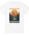 Retro outdoor motiv med berg, skog och flod – grafisk t-shirt