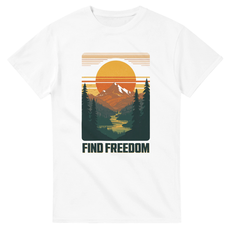 Retro outdoor motiv med berg, skog och flod – grafisk t-shirt