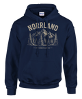 Klassisk Norrland-design med bergsmotiv på en marinblå hoodie
