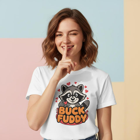 Tvättbjörn "Buck Fuddy" med hjärtan på vit t-shirt, tecknad stil.