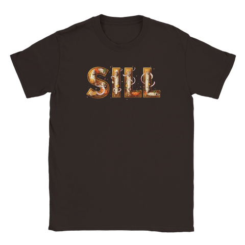 Mörkbrun t-shirt med lekfullt och konstnärligt silltryck för matälskare
