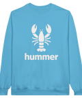 Vit hummerillustration och text "hummer" på en ljusblå sweatshirt med rund hals.