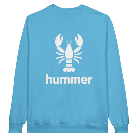 Vit hummerillustration och text "hummer" på en ljusblå sweatshirt med rund hals.