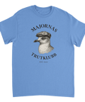 Klassiskt klubbemblem med mås och texten Majornas Trutklubb på blå t-shirt
