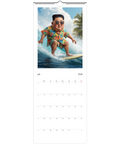 King Jong-Fun surfande i hawaiiskjorta på våg, satirisk väggkalender 2026.