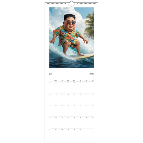 King Jong-Fun surfande i hawaiiskjorta på våg, satirisk väggkalender 2026.