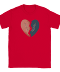 T-shirt med konstnärligt hjärtmotiv i dova toner på röd bakgrund
